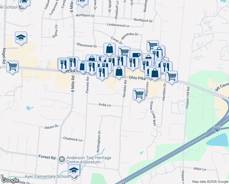 map of restaurants, bars, coffee shops, grocery stores, and more near 8594 Sunmont Drive in Cincinnati