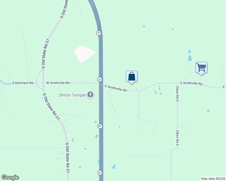 map of restaurants, bars, coffee shops, grocery stores, and more near 98 East Smithville Road in Bloomington