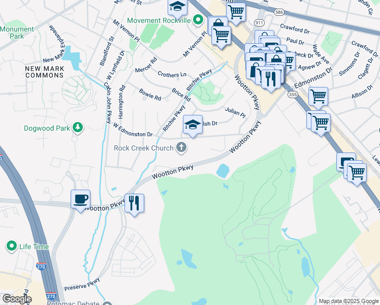 map of restaurants, bars, coffee shops, grocery stores, and more near 332 West Edmonston Drive in Rockville
