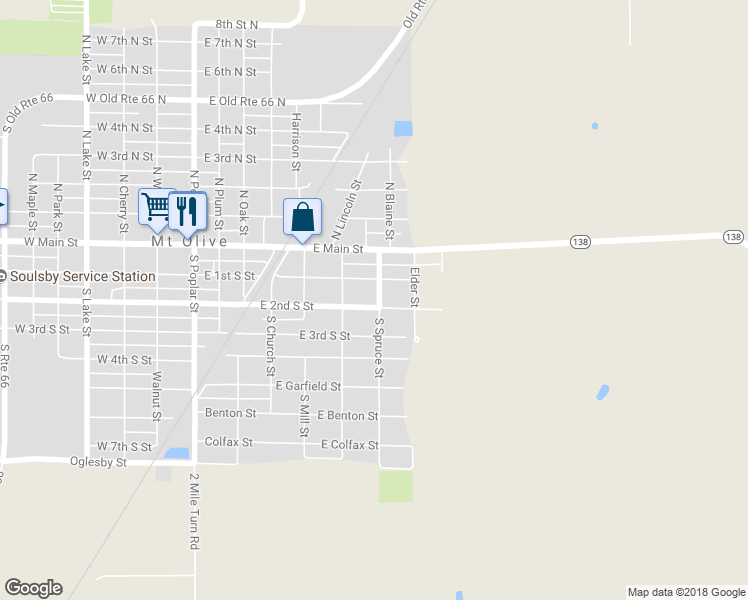 map of restaurants, bars, coffee shops, grocery stores, and more near 211 South Spruce Street in Mount Olive