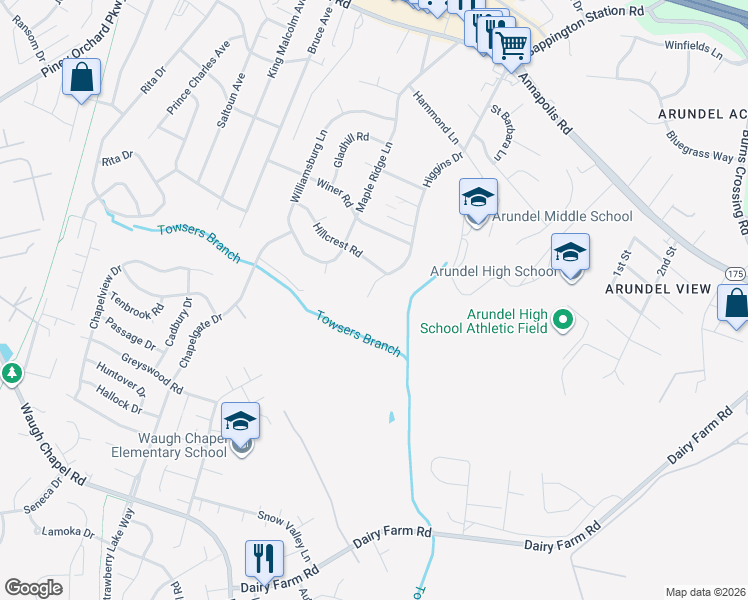map of restaurants, bars, coffee shops, grocery stores, and more near 547 Higgins Drive in Odenton