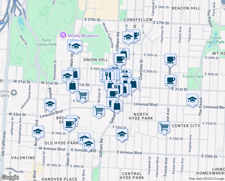 map of restaurants, bars, coffee shops, grocery stores, and more near 3110 Gillham Plaza in Kansas City