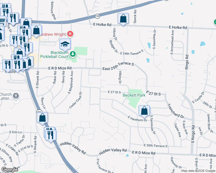 map of restaurants, bars, coffee shops, grocery stores, and more near 18005 East 26th Terrace Court South in Independence
