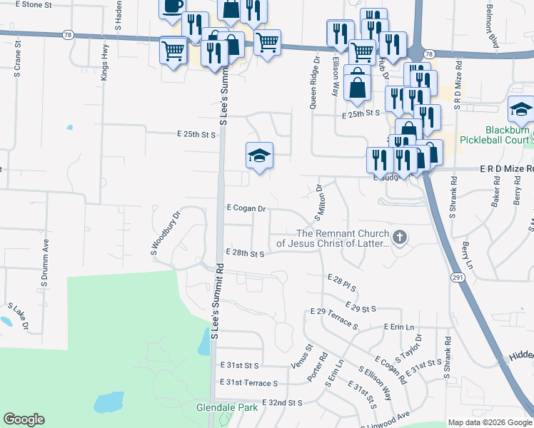 map of restaurants, bars, coffee shops, grocery stores, and more near 16301 South Cogan Drive in Independence