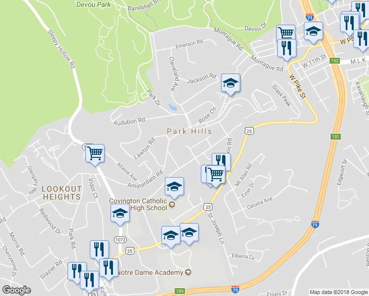 map of restaurants, bars, coffee shops, grocery stores, and more near 915 Alhambra Court in Park Hills
