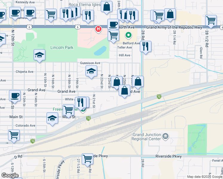map of restaurants, bars, coffee shops, grocery stores, and more near 405 North 23rd Street in Grand Junction