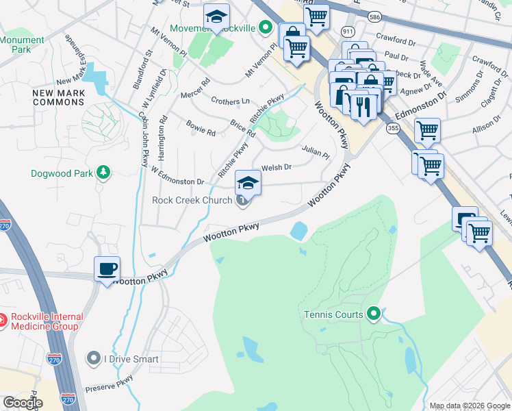 map of restaurants, bars, coffee shops, grocery stores, and more near 332 West Edmonston Drive in Rockville