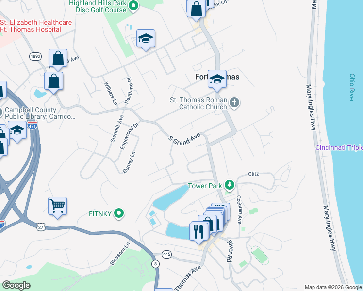 map of restaurants, bars, coffee shops, grocery stores, and more near 718 South Grand Avenue in Fort Thomas