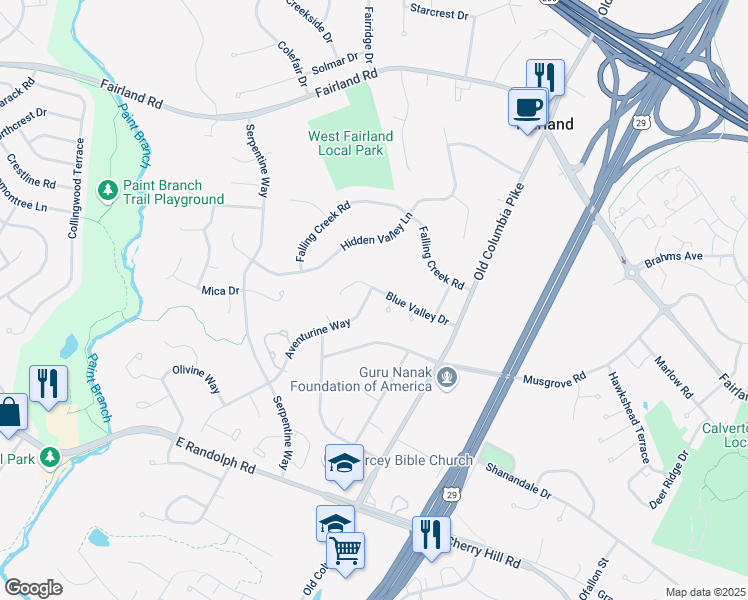 map of restaurants, bars, coffee shops, grocery stores, and more near 2301 Blue Valley Drive in Silver Spring