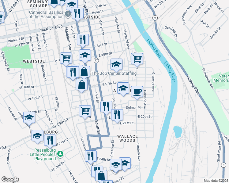 map of restaurants, bars, coffee shops, grocery stores, and more near 324 East 18th Street in Covington