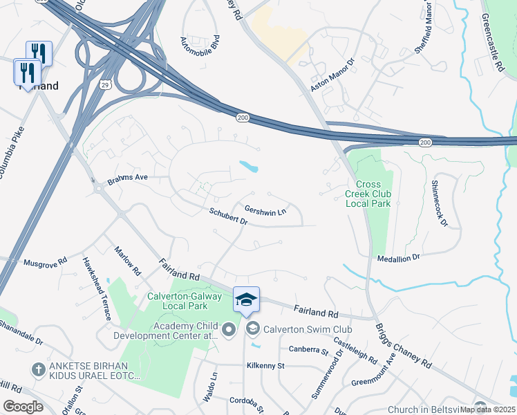 map of restaurants, bars, coffee shops, grocery stores, and more near 3120 Gershwin Lane in Silver Spring
