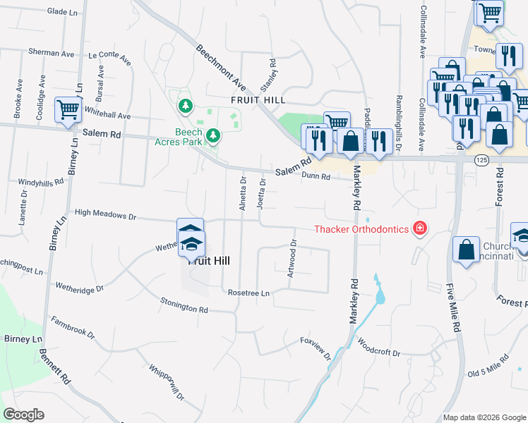 map of restaurants, bars, coffee shops, grocery stores, and more near 1121 Joetta Drive in Cincinnati