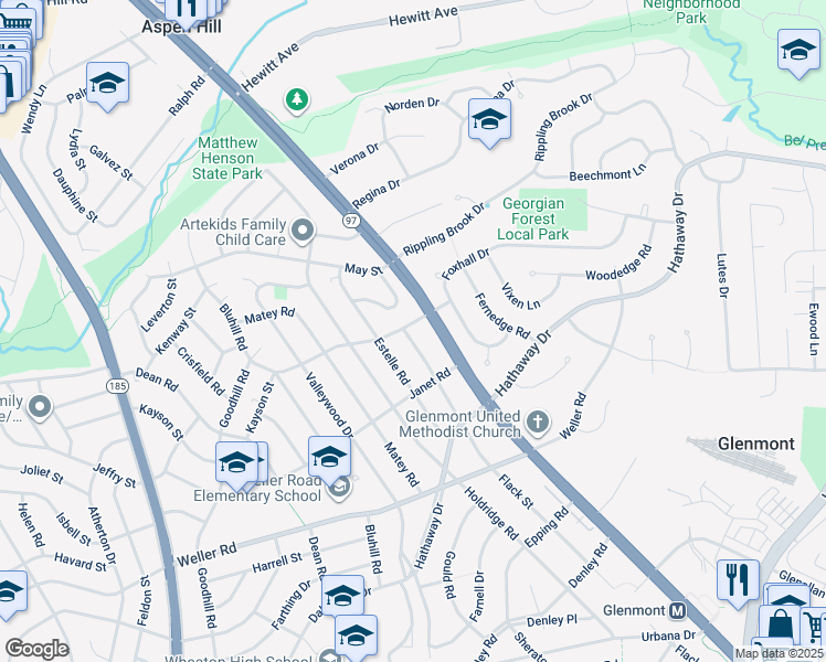 map of restaurants, bars, coffee shops, grocery stores, and more near 3104 Kayson Street in Silver Spring