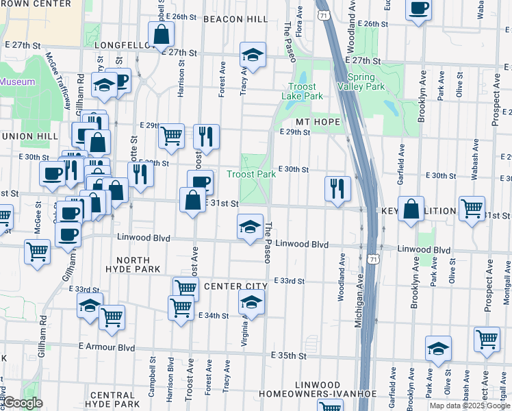 map of restaurants, bars, coffee shops, grocery stores, and more near in Kansas City