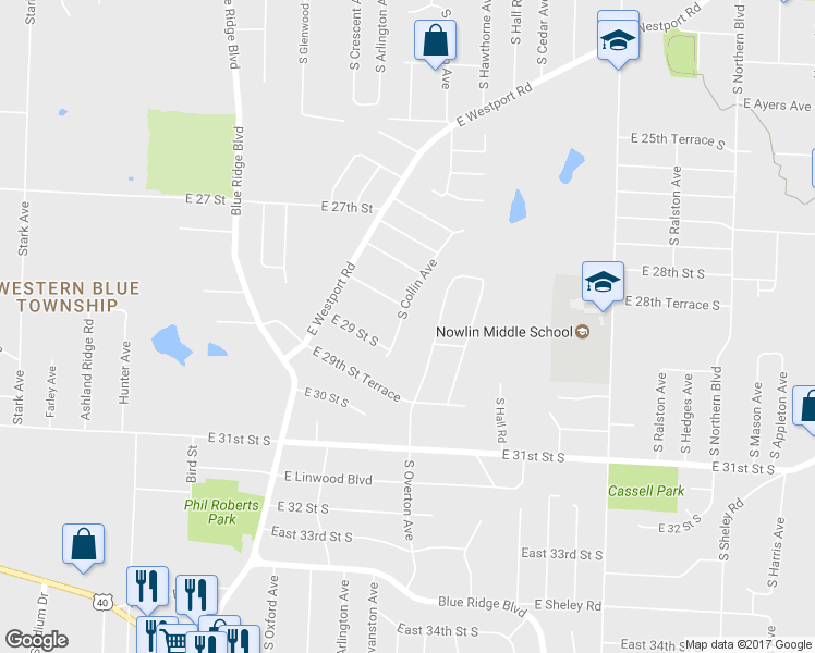 map of restaurants, bars, coffee shops, grocery stores, and more near 2819 South Collin Avenue in Independence