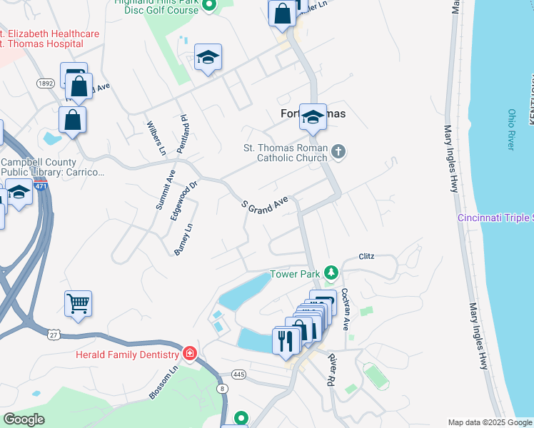map of restaurants, bars, coffee shops, grocery stores, and more near 725 South Grand Avenue in Fort Thomas
