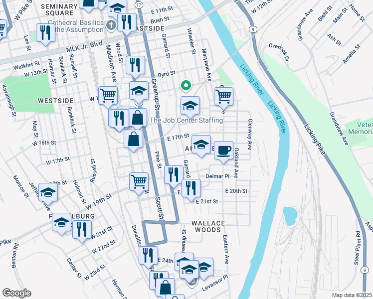 map of restaurants, bars, coffee shops, grocery stores, and more near 1726 Garrard Street in Covington