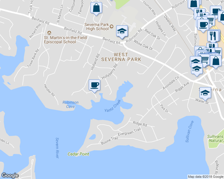 map of restaurants, bars, coffee shops, grocery stores, and more near 514 Bayberry Drive in Severna Park