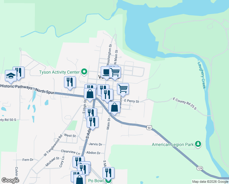 map of restaurants, bars, coffee shops, grocery stores, and more near 204 South Main Street in Versailles