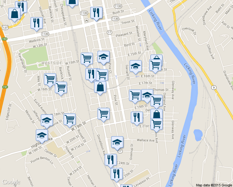 map of restaurants, bars, coffee shops, grocery stores, and more near 1715 Greenup St in Covington
