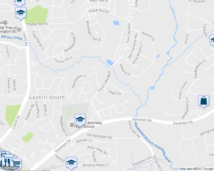 map of restaurants, bars, coffee shops, grocery stores, and more near 12 Hugo Court in Silver Spring