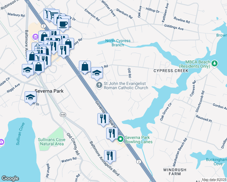 map of restaurants, bars, coffee shops, grocery stores, and more near 627 Cypresspointe Drive in Severna Park