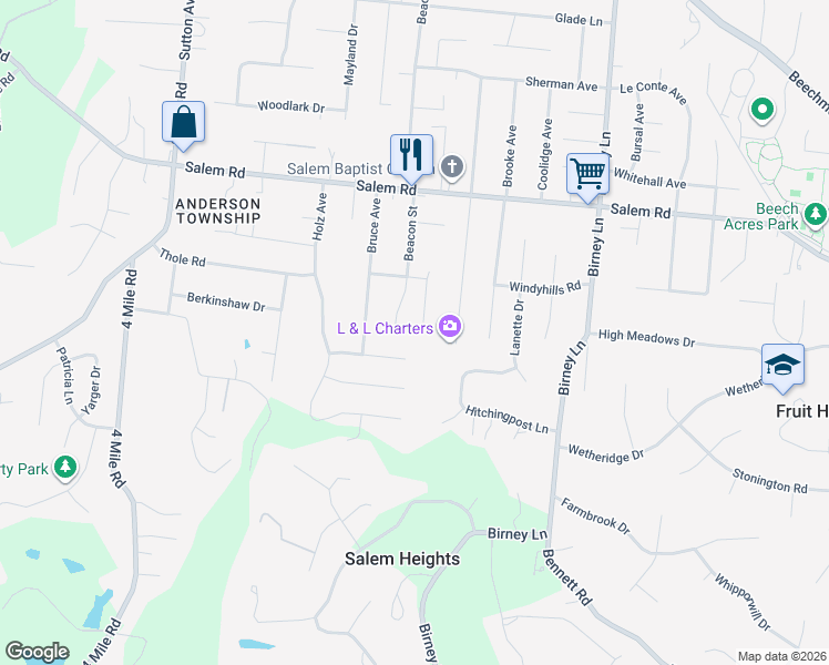 map of restaurants, bars, coffee shops, grocery stores, and more near 1019 Baytree Court in Cincinnati