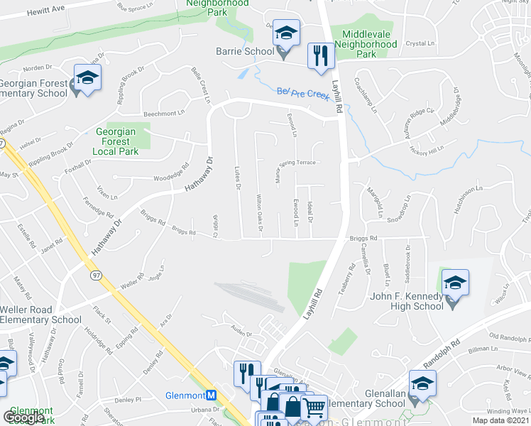 map of restaurants, bars, coffee shops, grocery stores, and more near 13011 Wilton Oaks Drive in Silver Spring