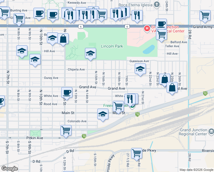 map of restaurants, bars, coffee shops, grocery stores, and more near 1616 Grand Avenue in Grand Junction