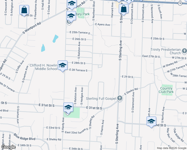 map of restaurants, bars, coffee shops, grocery stores, and more near 2823 South Northern Boulevard in Independence