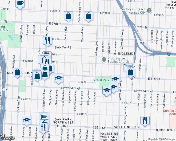 map of restaurants, bars, coffee shops, grocery stores, and more near 3218 East 30 Terrace in Kansas City
