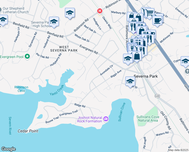 map of restaurants, bars, coffee shops, grocery stores, and more near 204 Avondale Circle in Severna Park
