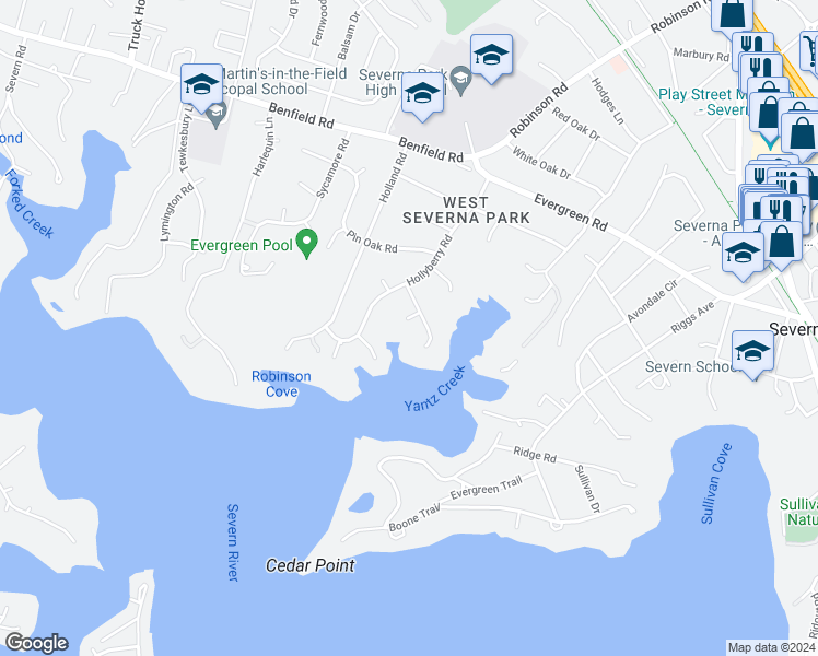 map of restaurants, bars, coffee shops, grocery stores, and more near 303 Forest Court in Severna Park