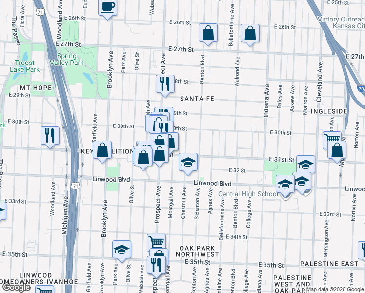map of restaurants, bars, coffee shops, grocery stores, and more near 3024 Chestnut Avenue in Kansas City