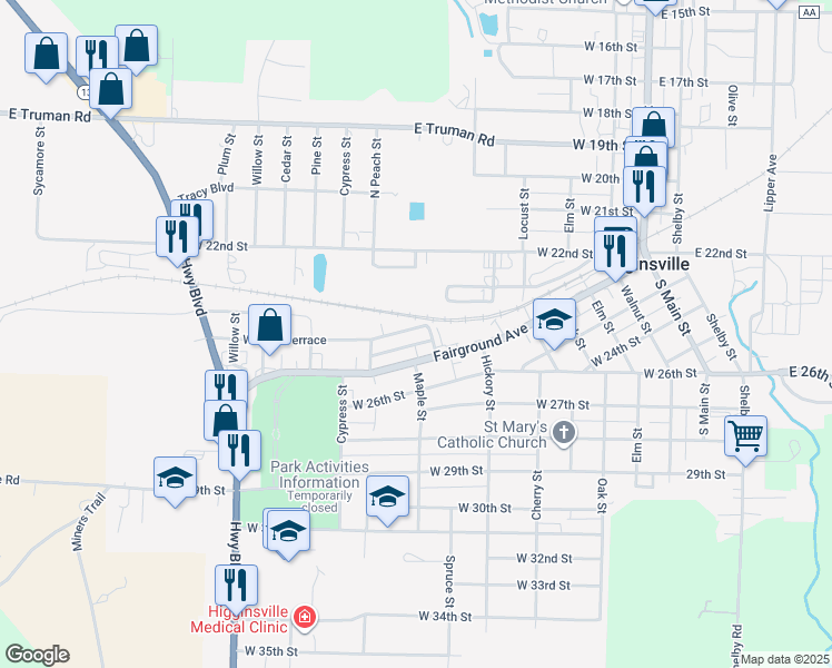 map of restaurants, bars, coffee shops, grocery stores, and more near 605 West 25th Terrace in Higginsville
