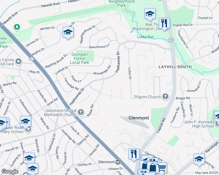map of restaurants, bars, coffee shops, grocery stores, and more near 13106 Jingle Lane in Silver Spring