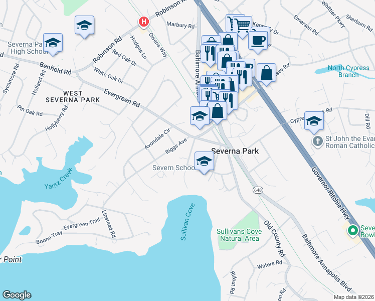 map of restaurants, bars, coffee shops, grocery stores, and more near 106 Maple Avenue in Severna Park