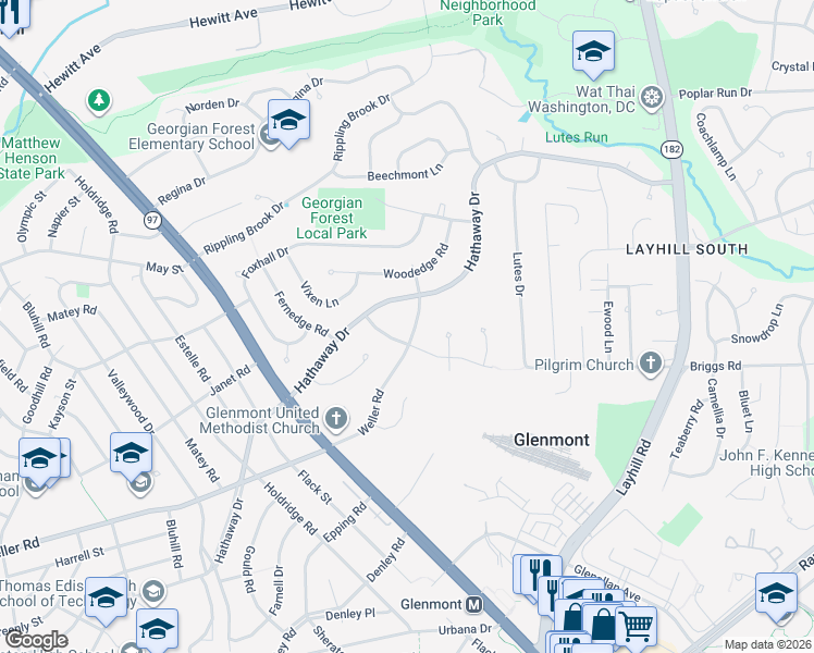 map of restaurants, bars, coffee shops, grocery stores, and more near 2615 Weller Road in Silver Spring