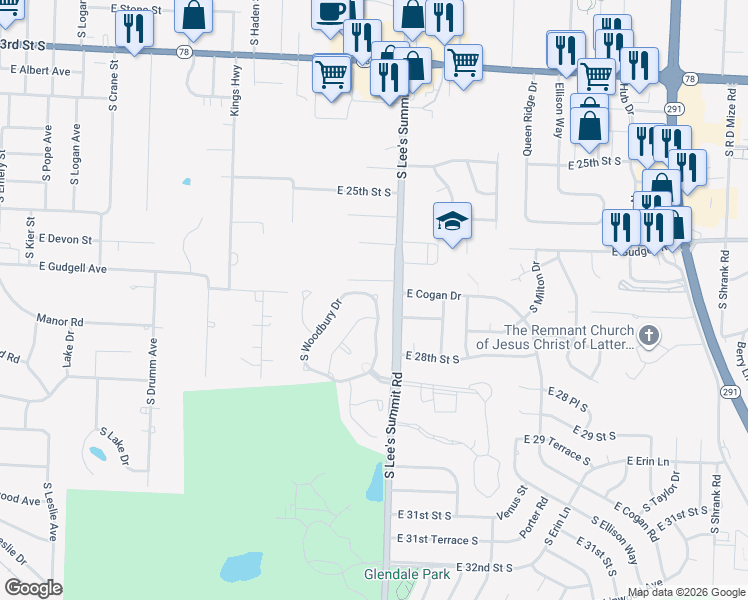 map of restaurants, bars, coffee shops, grocery stores, and more near 2708 South Breckenridge Drive in Independence