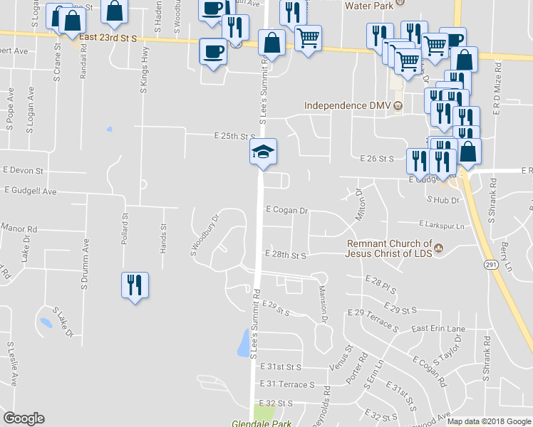 map of restaurants, bars, coffee shops, grocery stores, and more near 16001 East Cogan Drive in Independence