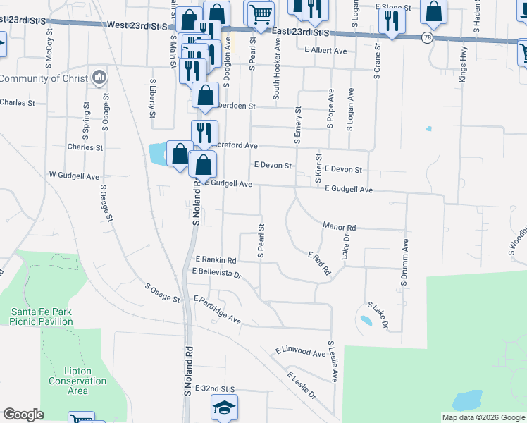 map of restaurants, bars, coffee shops, grocery stores, and more near 1713 South Pearl Street in Independence