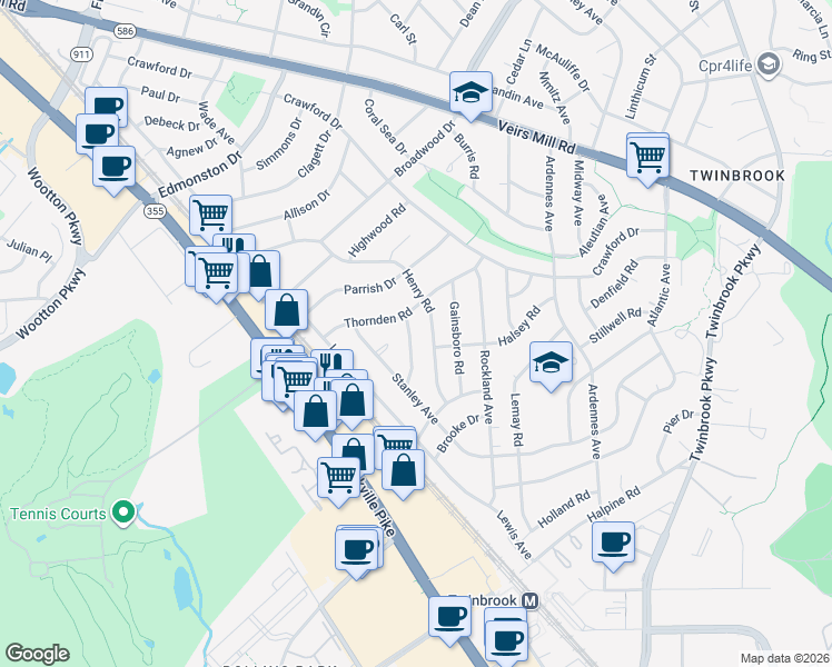 map of restaurants, bars, coffee shops, grocery stores, and more near 1906 Valley Stream Drive in Rockville