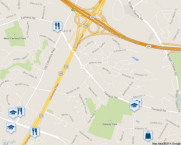 map of restaurants, bars, coffee shops, grocery stores, and more near 13001 Brahms Terrace in Silver Spring