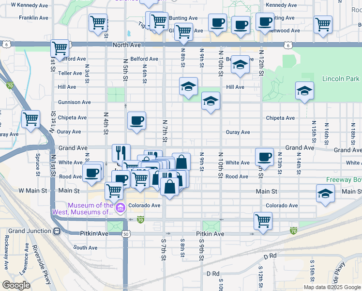 map of restaurants, bars, coffee shops, grocery stores, and more near 401 North 8th Street in Grand Junction