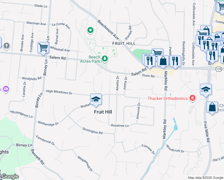 map of restaurants, bars, coffee shops, grocery stores, and more near 1116 Rosetree Lane in Cincinnati