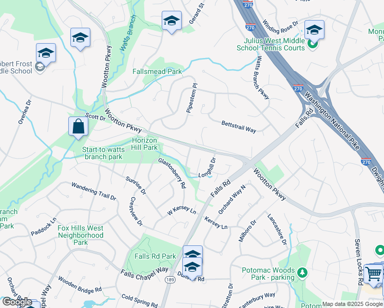 map of restaurants, bars, coffee shops, grocery stores, and more near 1435 Longhill Drive in Rockville