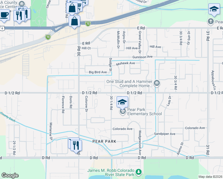map of restaurants, bars, coffee shops, grocery stores, and more near 451 Dodge Street in Grand Junction
