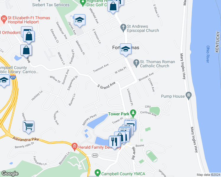 map of restaurants, bars, coffee shops, grocery stores, and more near 735 South Grand Avenue in Fort Thomas