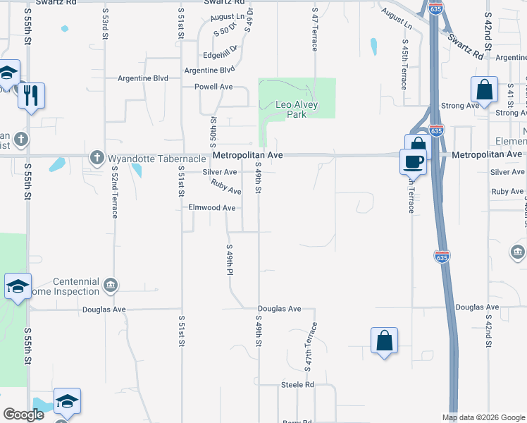 map of restaurants, bars, coffee shops, grocery stores, and more near 1641 South 49 Street in Kansas City
