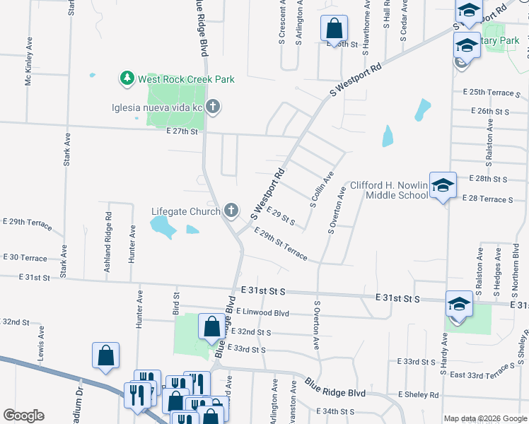 map of restaurants, bars, coffee shops, grocery stores, and more near 2911 Westport Road in Independence